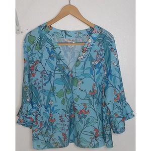 Nanette Lepore Blue Floral Print Blouse Top L